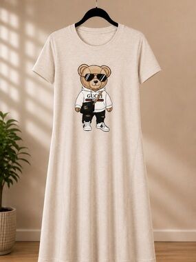 Beige Bear Graphic Maxi Dress with Logo Accent